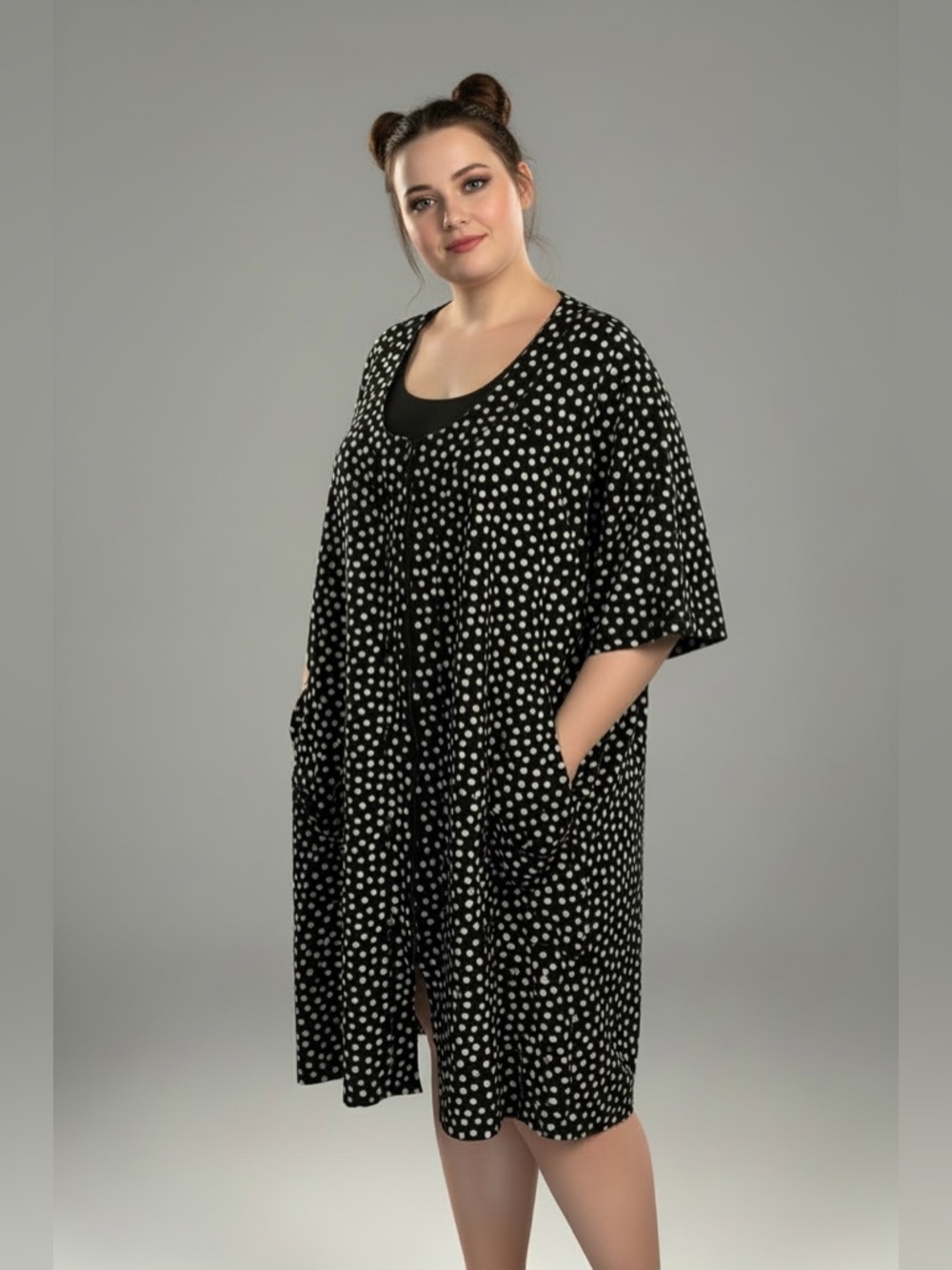 Dreams & Co. Robe Womens 3X Black Polka Dot Kaftan Zip Front Short Sleeve